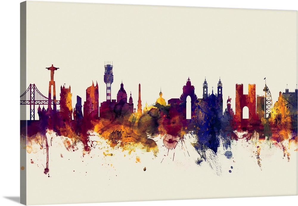 Watercolor art print of the skyline of Lisbon, Portugal