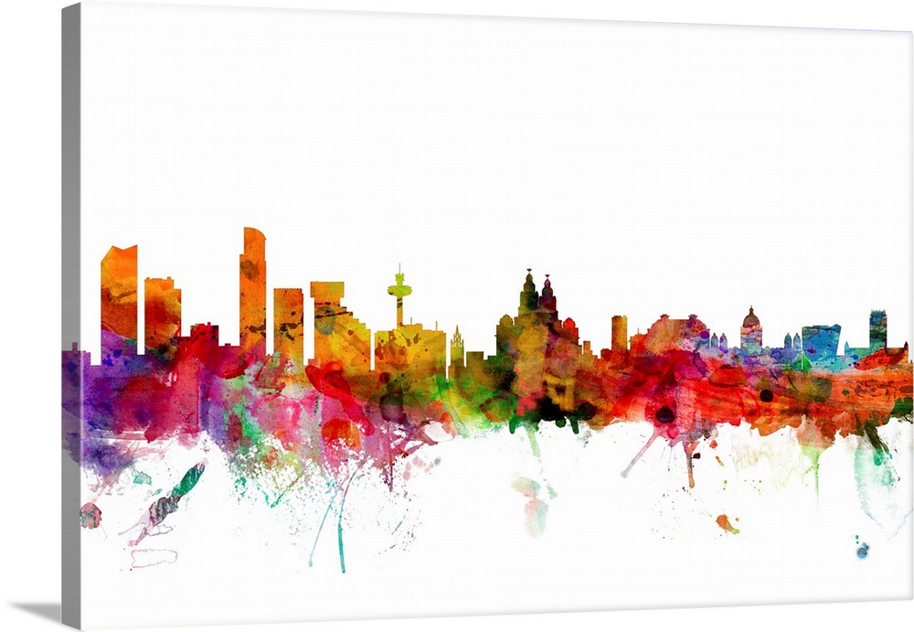 Contemporary piece of artwork of the Liverpool skyline made of colorful paint splashes.
