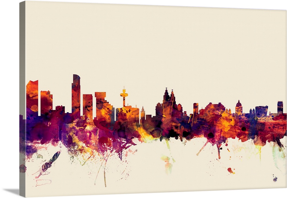 Contemporary artwork of the Liverpool city skyline in watercolor paint splashes.
