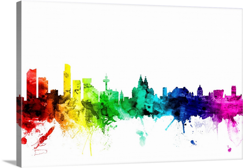 Watercolor art print of the skyline of Liverpool, England.