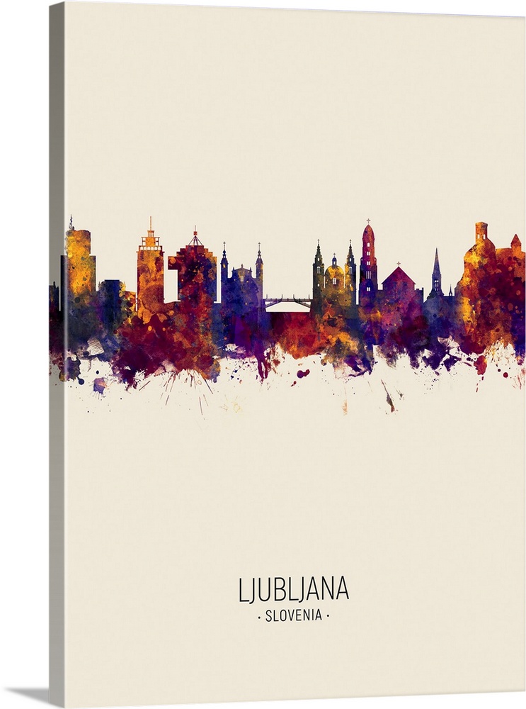 Watercolor art print of the skyline of Ljubljana, Slovenia