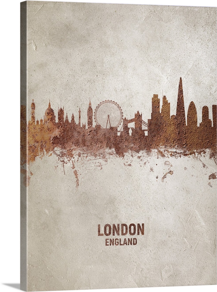 Art print of the skyline of the City of London, England. Rust on concrete.