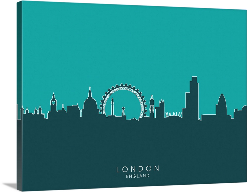Contemporary artwork of the London skyline silhouetted in teal.