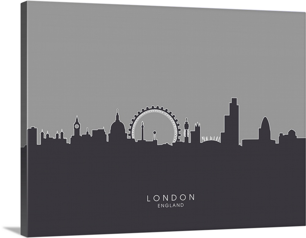 Contemporary artwork of the London skyline silhouetted in dark gray.