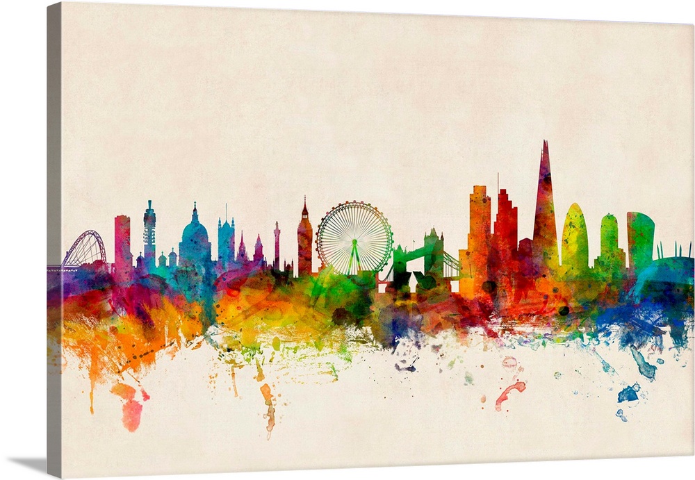 Contemporary piece of artwork of the London, England skyline made of colorful paint splashes.