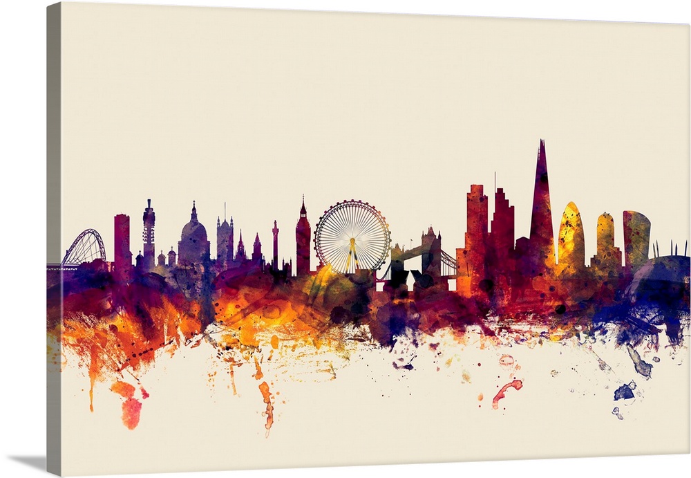 Watercolor artwork of the London skyline against a beige background.