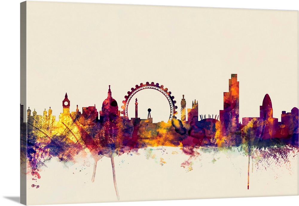 Contemporary artwork of the London city skyline in watercolor paint splashes.