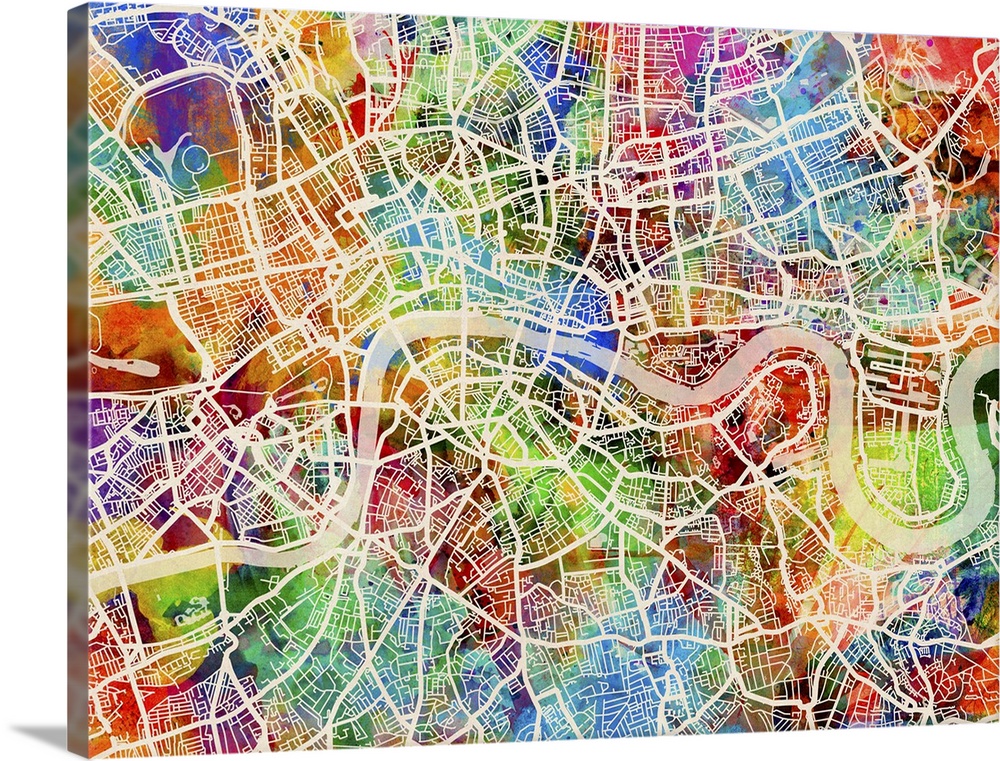 Watercolor art map of London city streets.