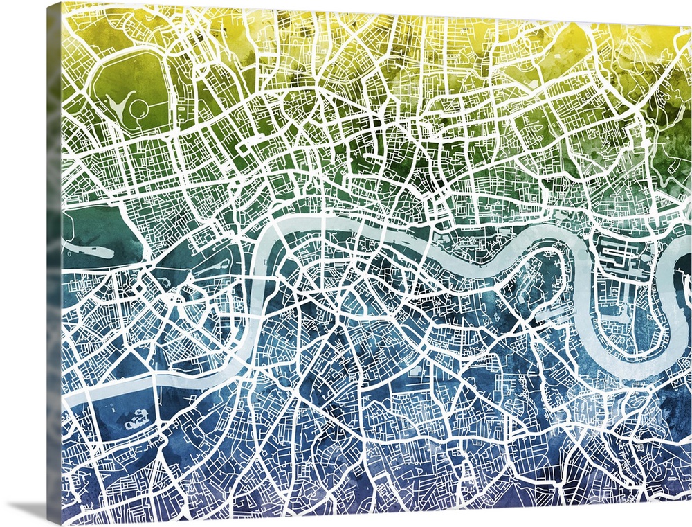 Contemporary watercolor city street map of London.