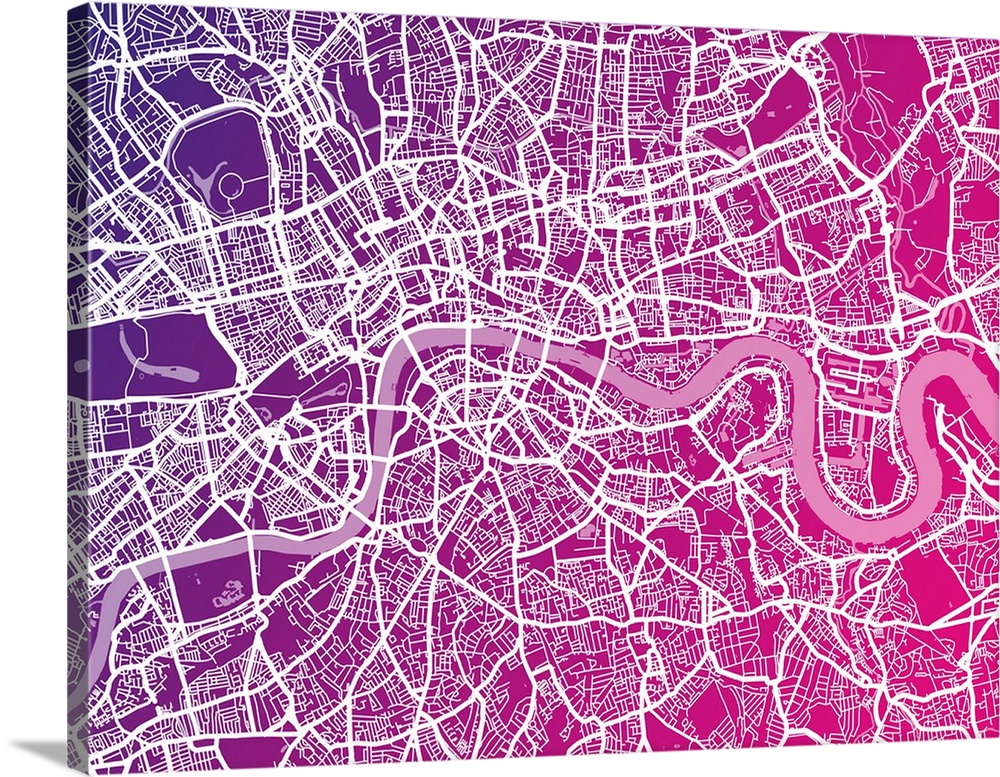 Contemporary artwork of a map of the city streets of London in bright purple and pink.