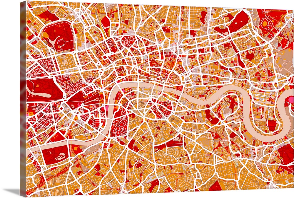 Central London, England, street map in hot colors. Devoid of any text, the roads, parks, buildings and landmarks create a ...