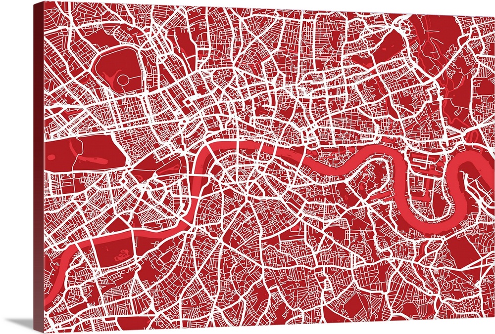 Contemporary artwork of an illustrated map of London showing the network of roads, streets and waterways. There is no text...