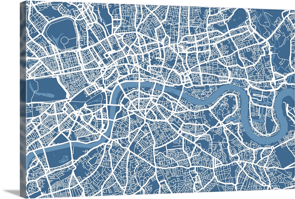 A big map of London showing the network of roads, streets and waterways on canvas.