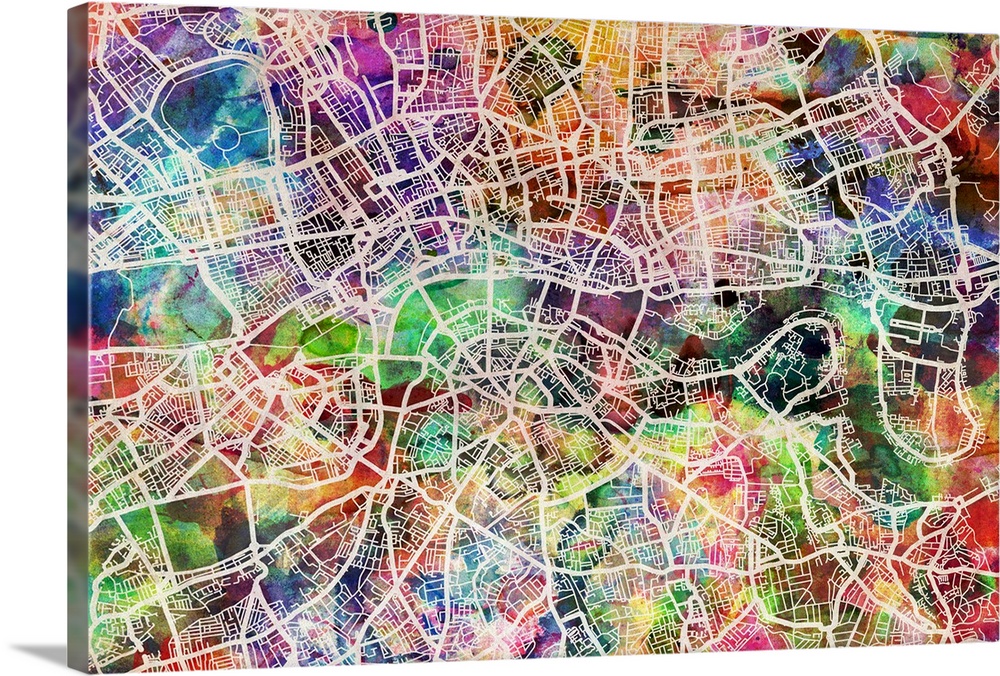 Central London, England, UK, street map on a watercolor background. The map of london shows the network of roads, streets ...
