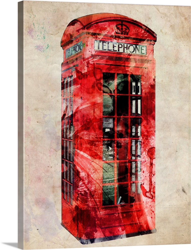 A contemporary art piece of an old fashioned London phone booth that appears faded.