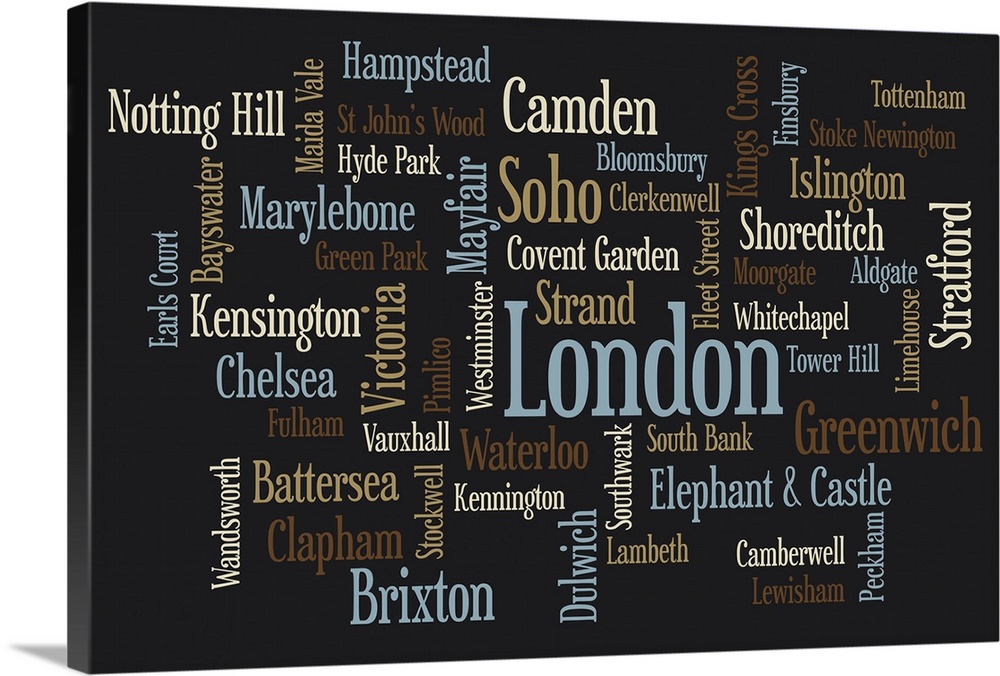 Text map of London, England, showing London's regions and districts. These include Soho, Mayfair, Brixton, Camden, Chelsea...