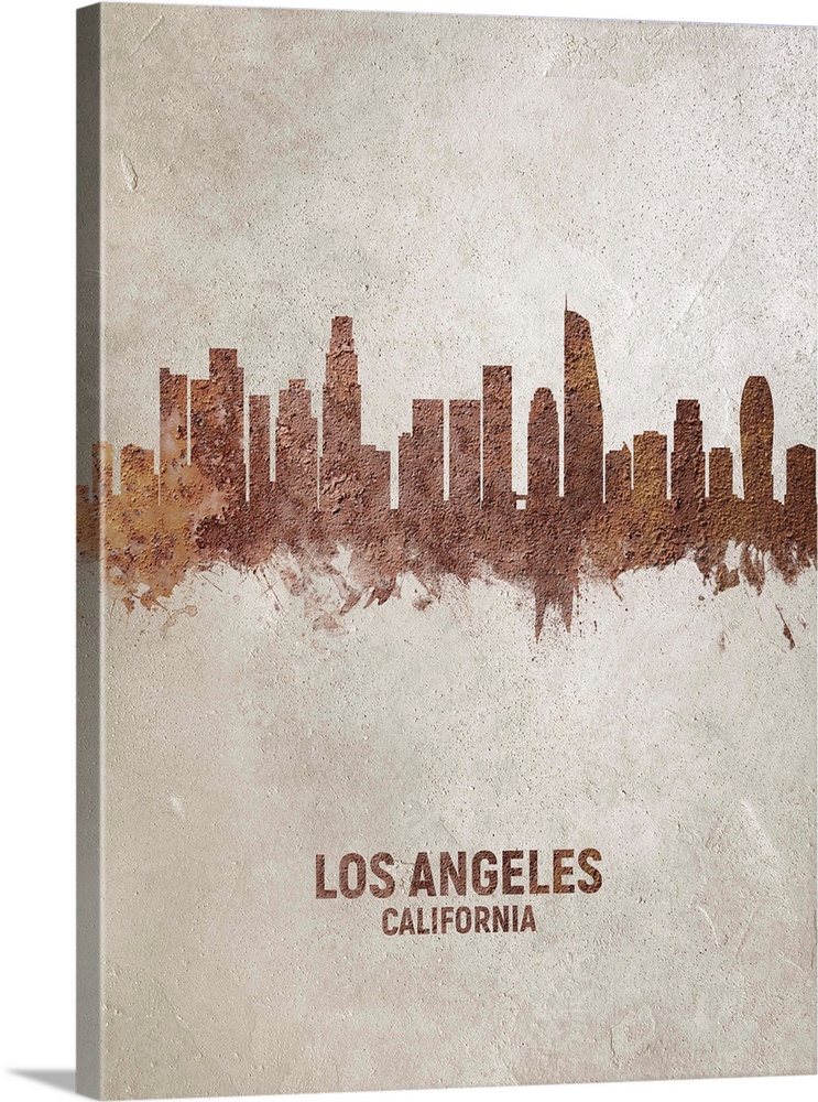 Art print of the skyline of Los Angeles, California, United States. Rust on concrete.