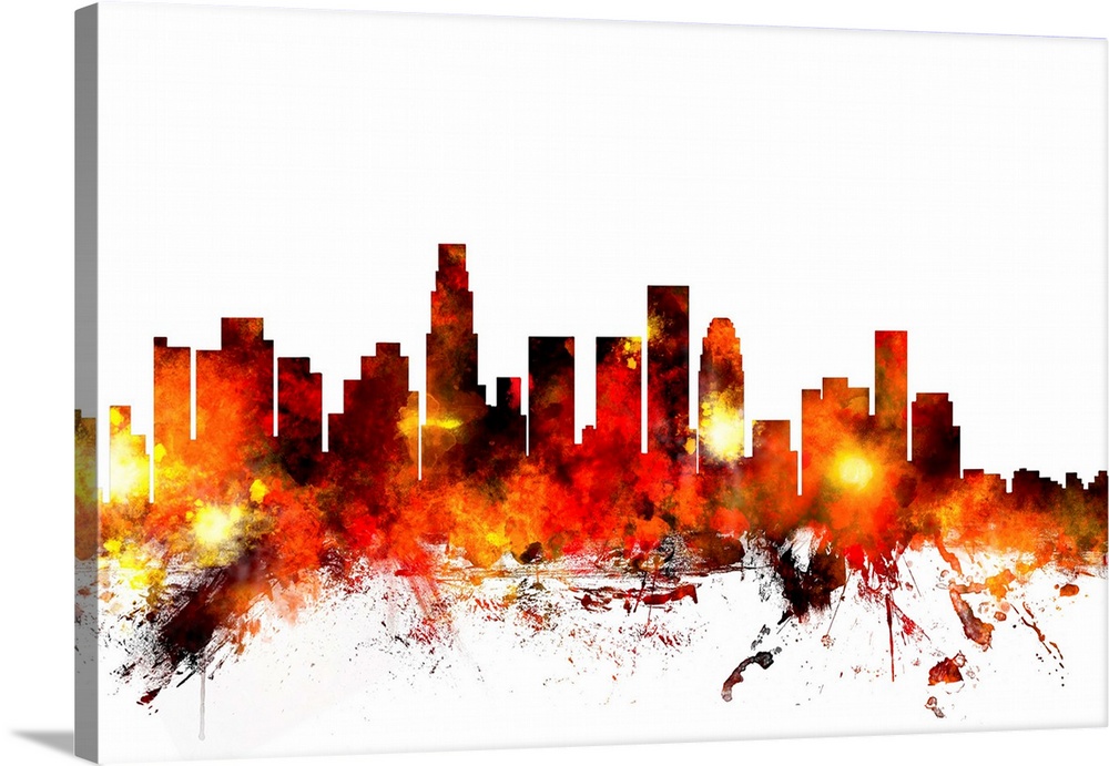 Contemporary piece of artwork of the Los Angeles skyline made of colorful paint splashes.