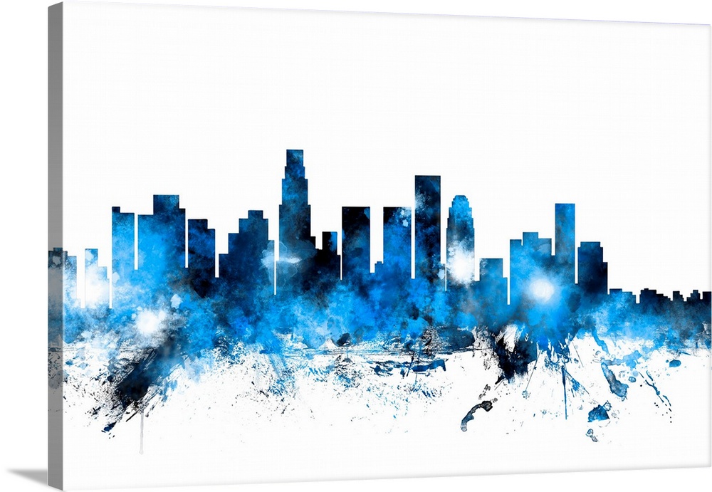 Contemporary piece of artwork of the Los Angeles skyline made of colorful paint splashes.