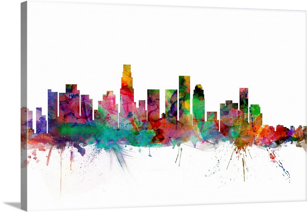 Watercolor artwork of the Los Angeles skyline against a white background.