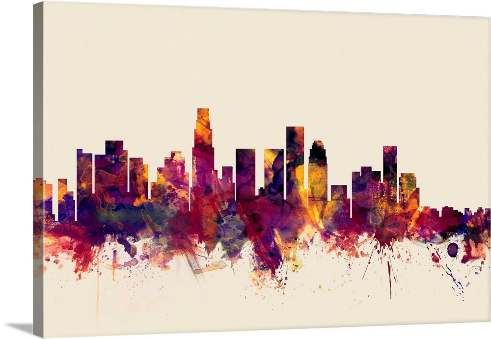 Watercolor artwork of the Los Angeles skyline against a beige background.