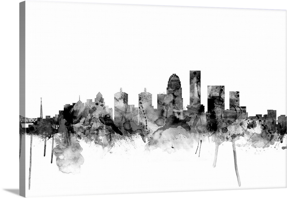 Smokey dark watercolor silhouette of the Louisville city skyline.