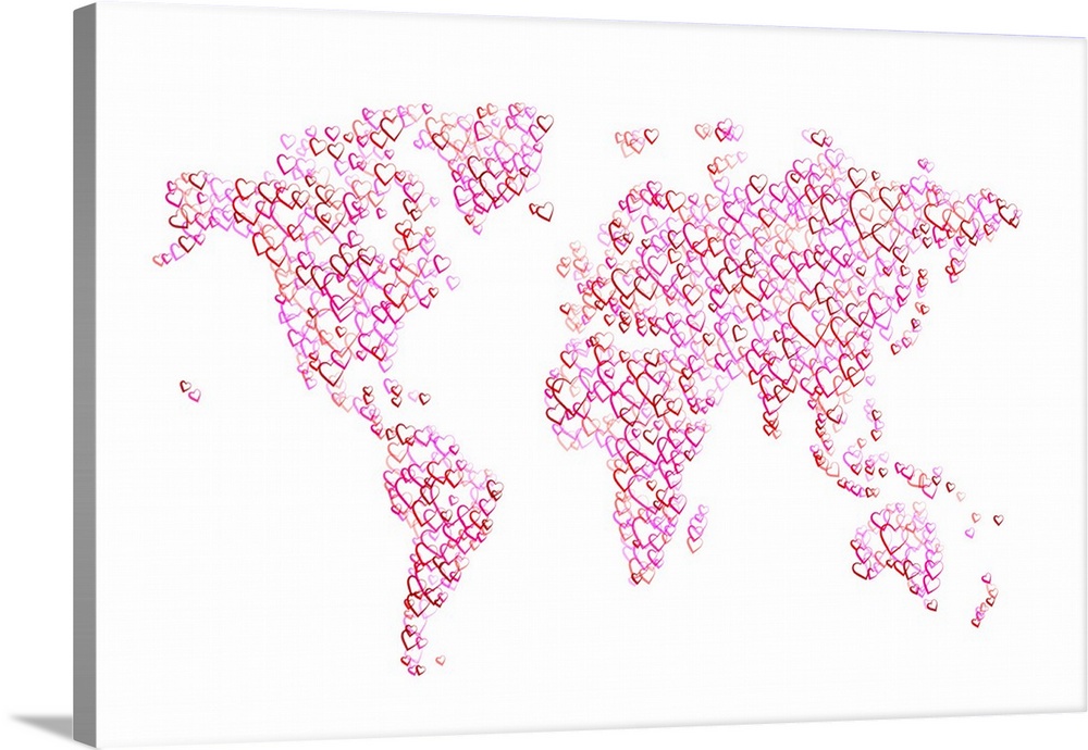 Map of the World made from overlapping pink and red semi-transparent outlined hearts, on a white background