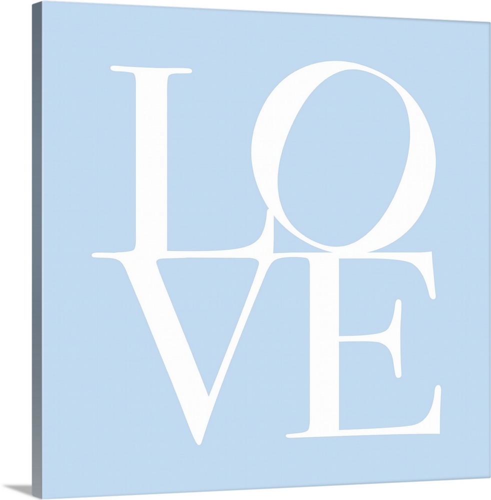 LOVE, typography text art print and canvas print, with the word LOVE written against a baby blue background. Chic, contemp...