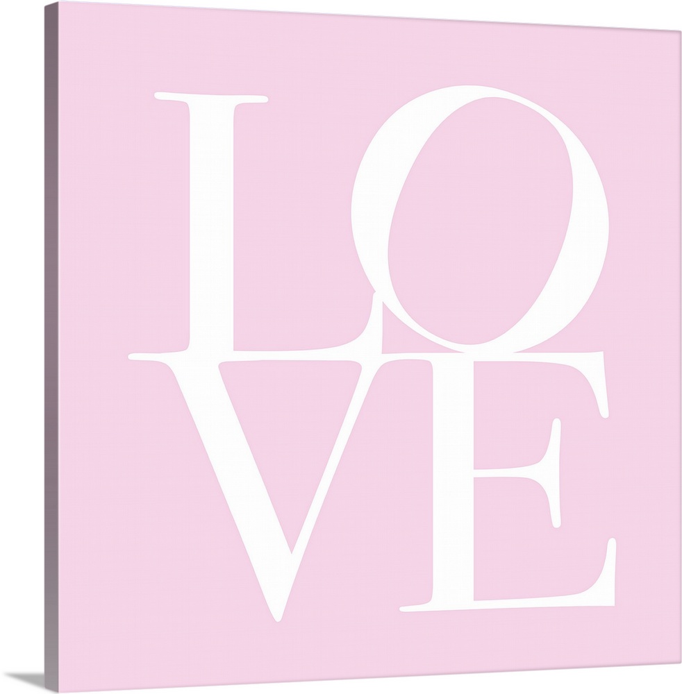 Oversized, square, contemporary art  of the word "LOVE" written against a pink background. The word is split in half, with...