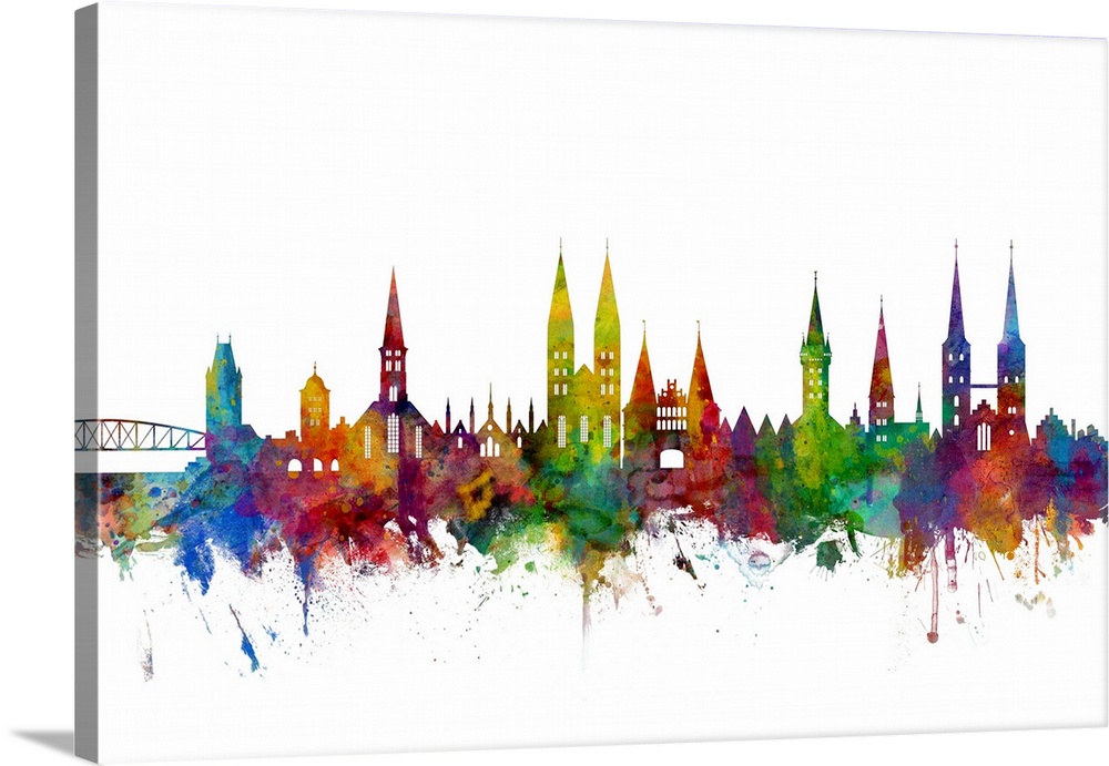 Watercolor art print of the skyline of Lubeck, Germany