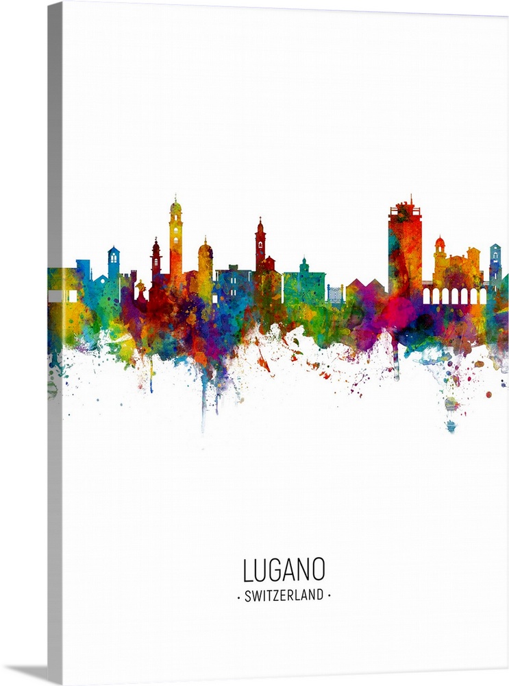 Watercolor art print of the skyline of Lugano, Switzerland