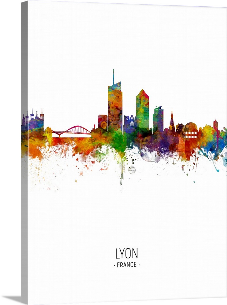 Watercolor art print of the skyline of Lyon, France