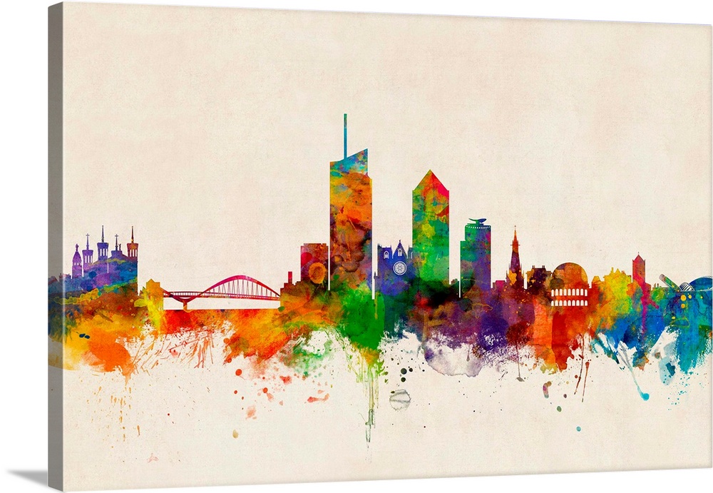 Watercolor art print of the skyline of Lyon, France.