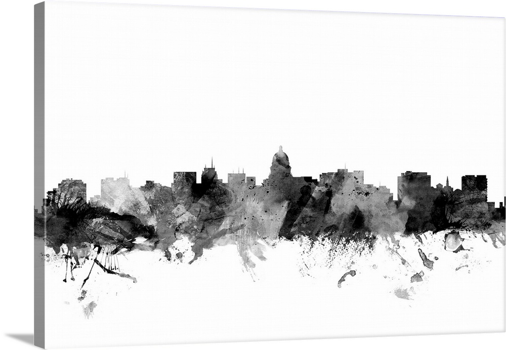 Contemporary artwork of the Madison city skyline in black watercolor paint splashes.