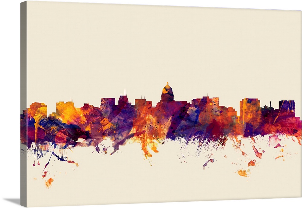 Contemporary artwork of the Madison city skyline in watercolor paint splashes.