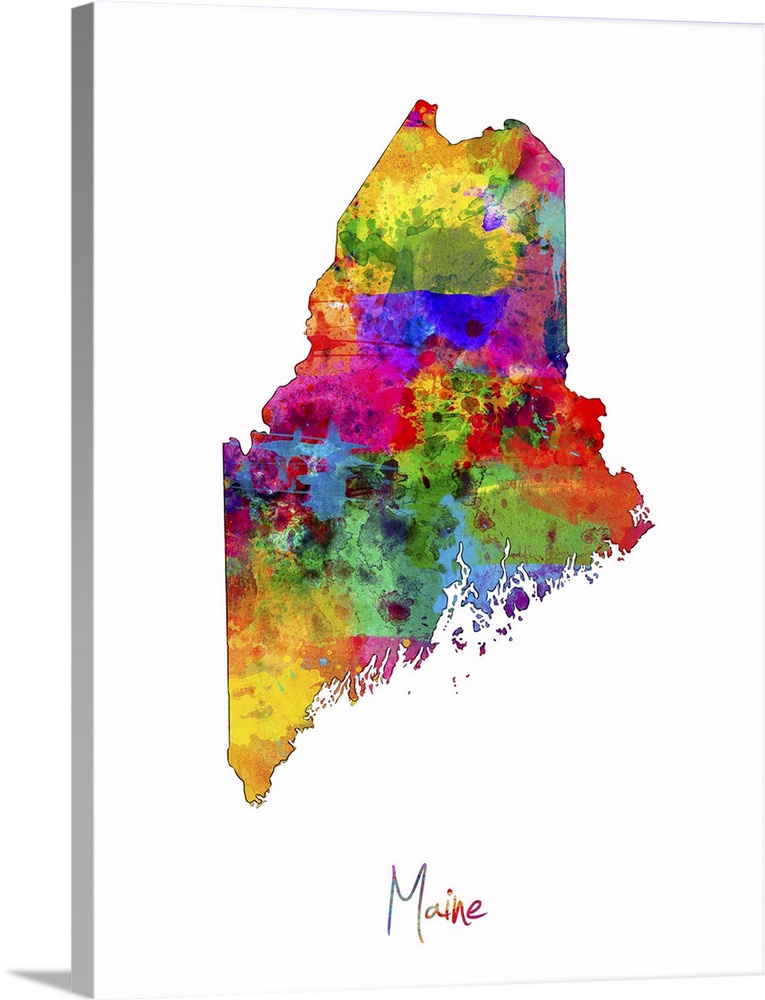Contemporary artwork of a map of Maine made of colorful paint splashes.
