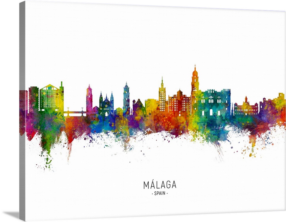 Watercolor art print of the skyline of Malaga, Spain