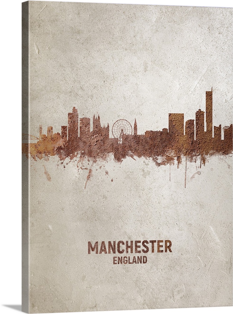Art print of the skyline of Manchester, England, United Kingdom. Rust on concrete.