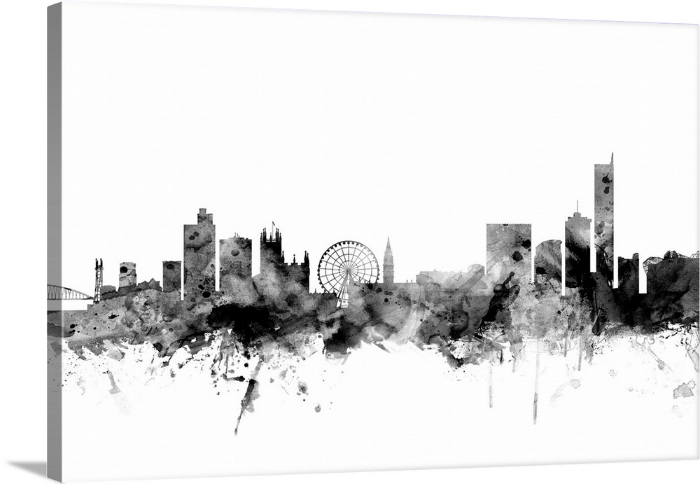 Contemporary artwork of the Manchester city skyline in black watercolor paint splashes.