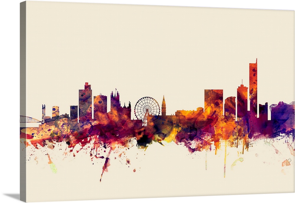Contemporary artwork of the Manchester city skyline in watercolor paint splashes.