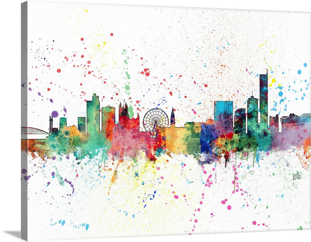 Watercolor art print of the skyline of Manchester, England, United Kingdom