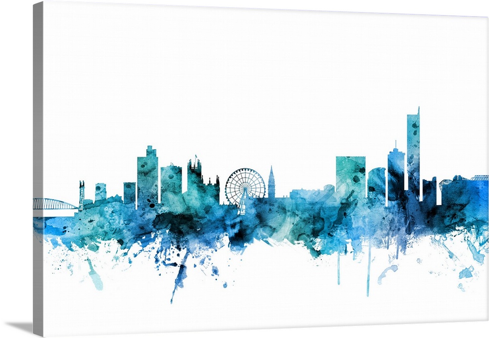 Watercolor art print of the skyline of Manchester, England, United Kingdom.