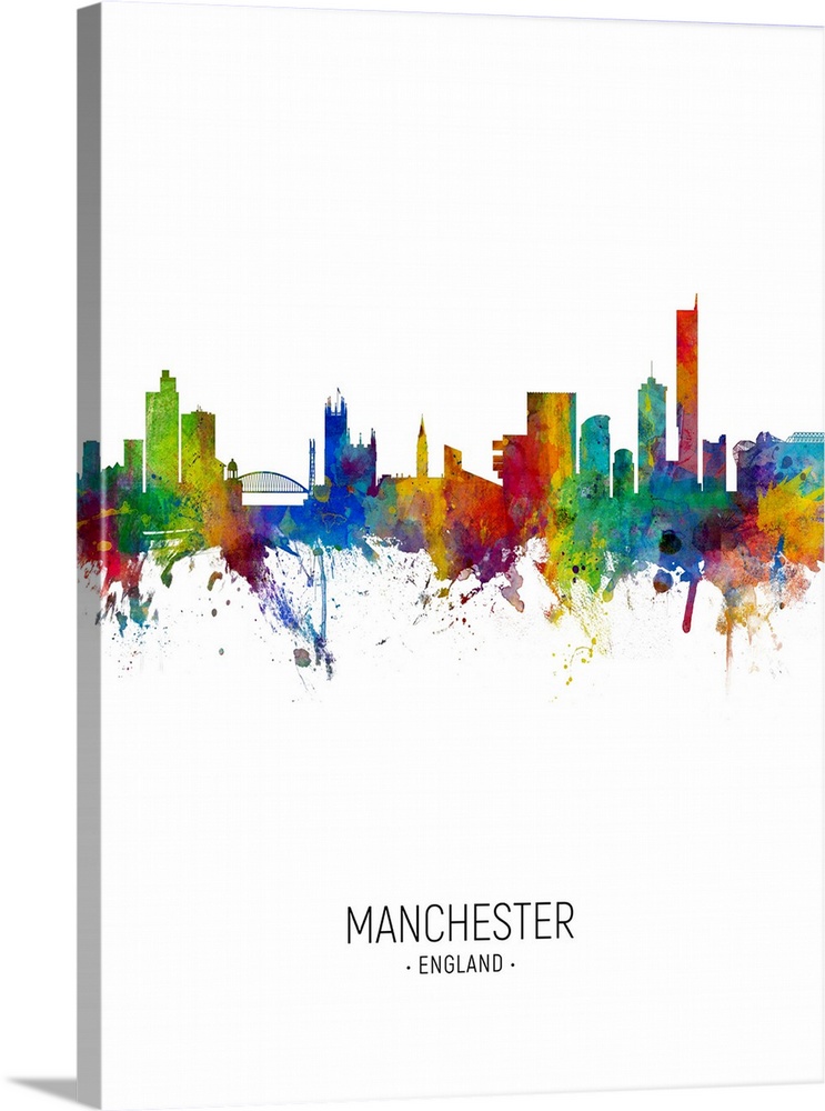 Watercolor art print of the skyline of Manchester, England, United Kingdom