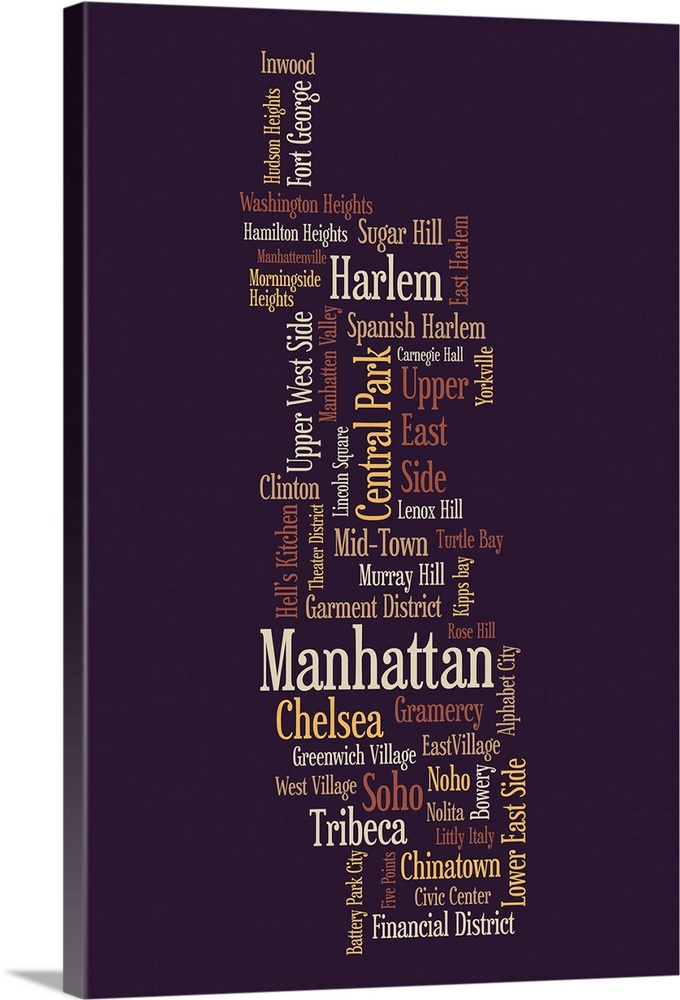 Contemporary artwork that uses words associated with NYC grouped together to form the outline of a skyscraper.