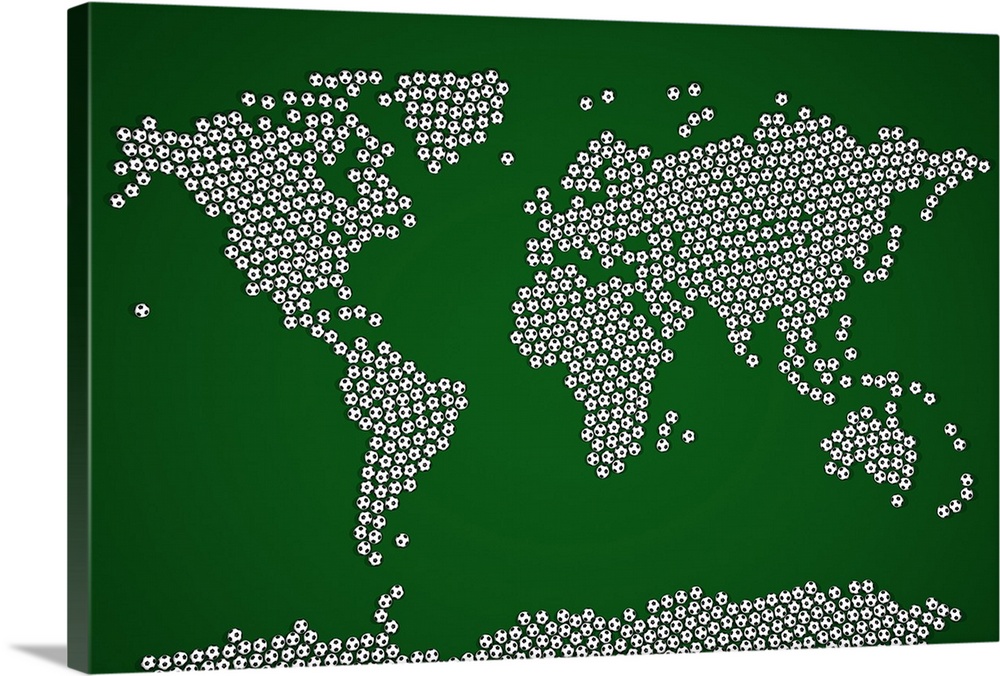 Landscape, horizontal, large wall hanging of the world map with all countries made up of soccer balls, on a solid green ba...