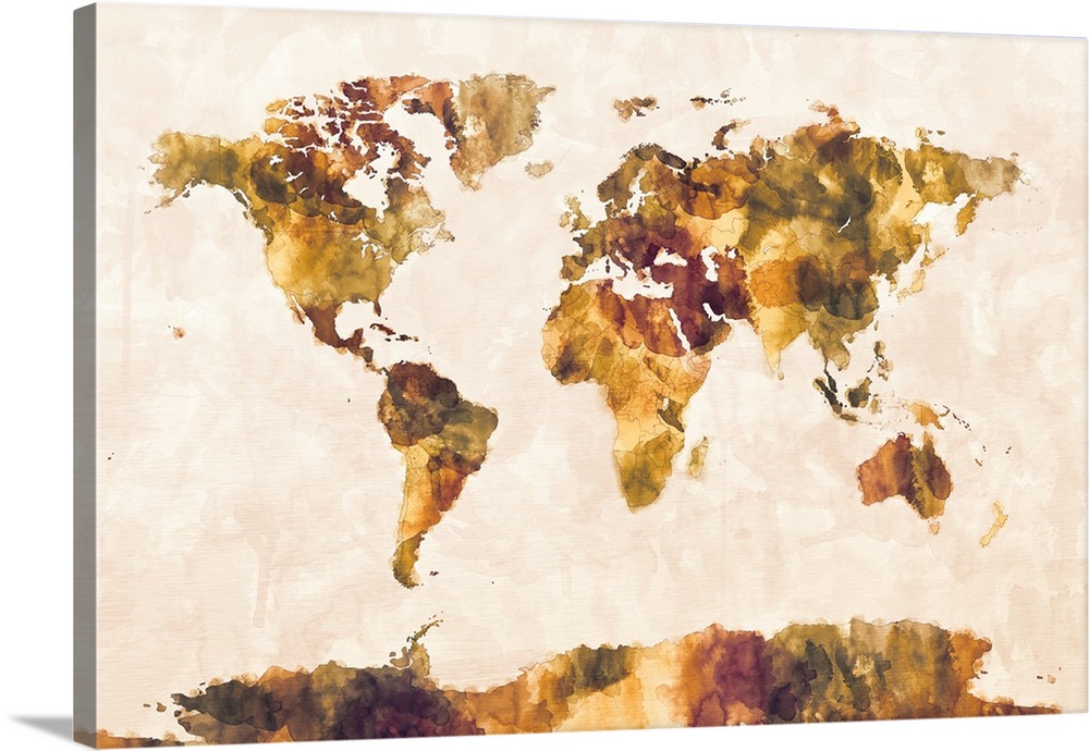 Contemporary watercolor political world map in dark colors.