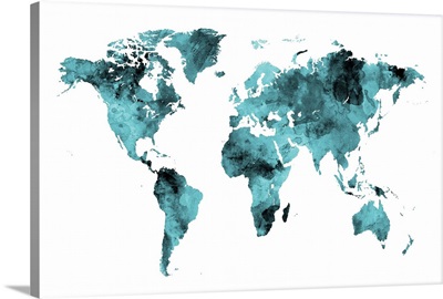 Map of the World, Watercolor, Teal on White