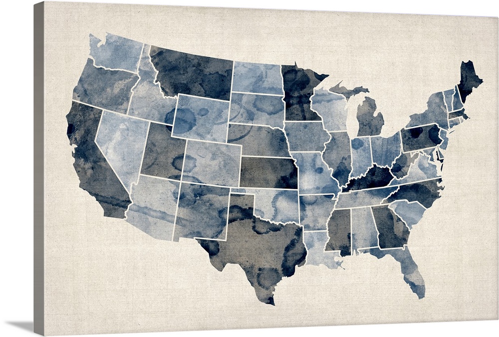 Landscape artwork on a large canvas of the United States of America map, each state is outlined in white, but are filled w...