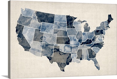 Map of United States of America, watercolor in blue