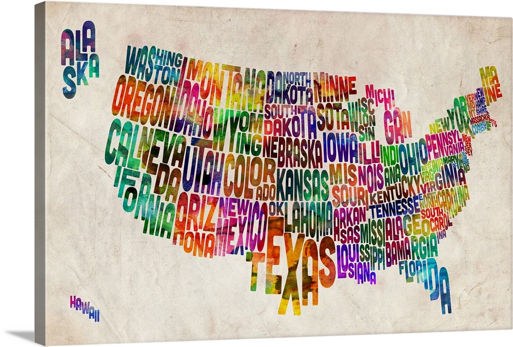 Educational map the United States with each individual state made up of the letters of its name, in varying colors.
